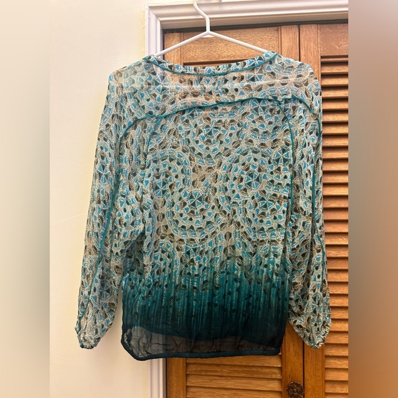 Lucky Brand Live In Love Turquoise Print 100% Rayon XS Blouse - Picture 2 of 12
